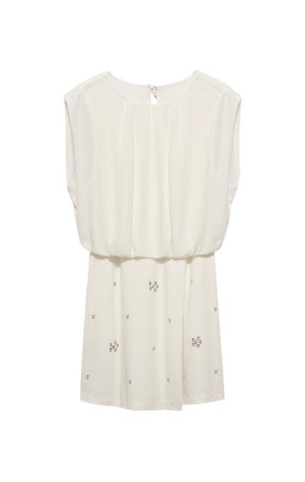 Abito Corto Crema con Dettagli Strass