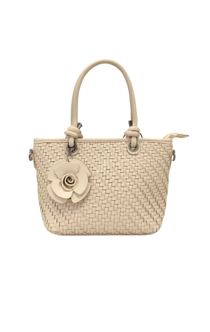 Borsa Beige Intrecciata con Fiore Decorativo